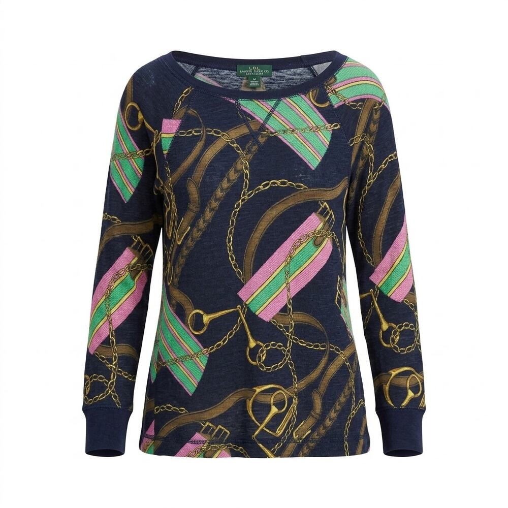 LRL Lauren Navy Boat Neck Lightweight Stretch Novelty Top Women Size M